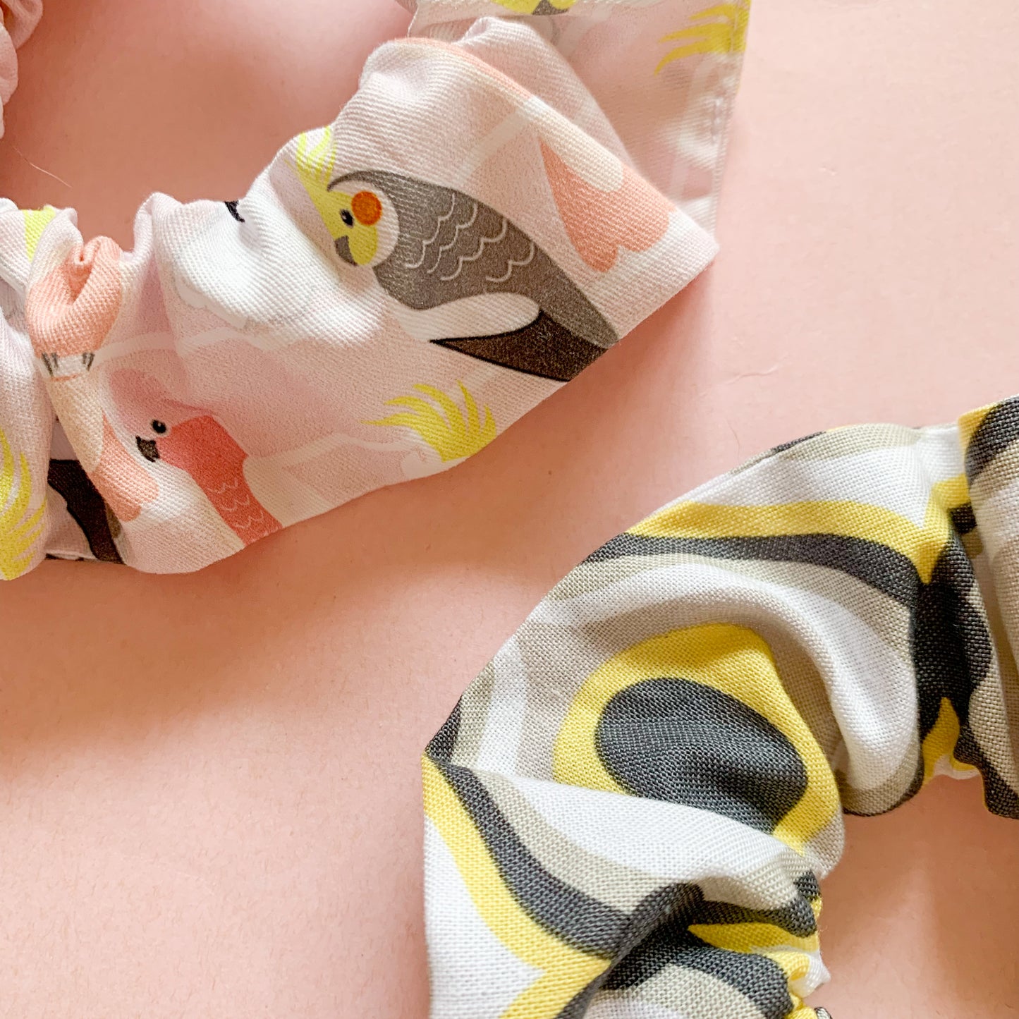 Pink Budgies Scrunchie Duo