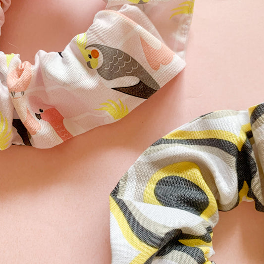 Pink Budgies Scrunchie Duo