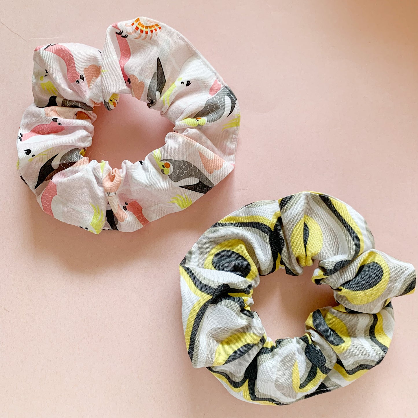 Pink Budgies Scrunchie Duo